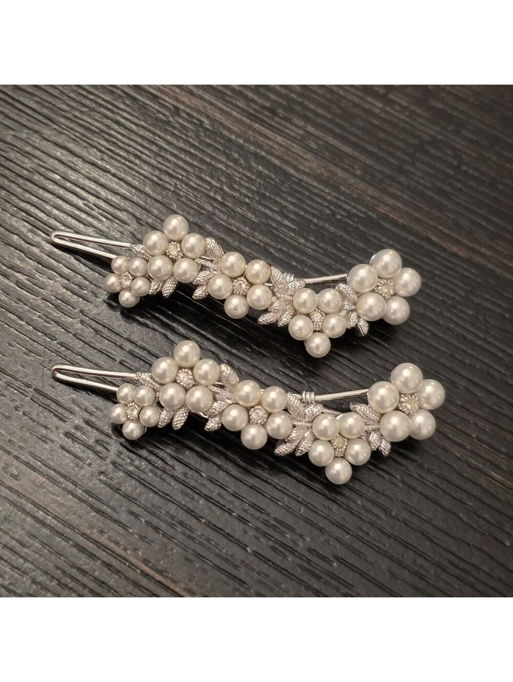 Vintage Faux Pearl Rhinestone Floral French Snap Hair Clips Silver Tone Pair EUC